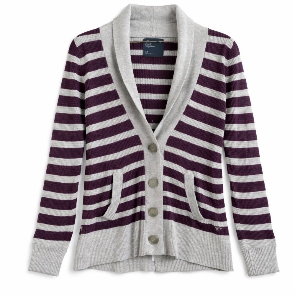 American Eagle Purple Striped Shawl Collar Cardigan Sweater Button Front Y2K L